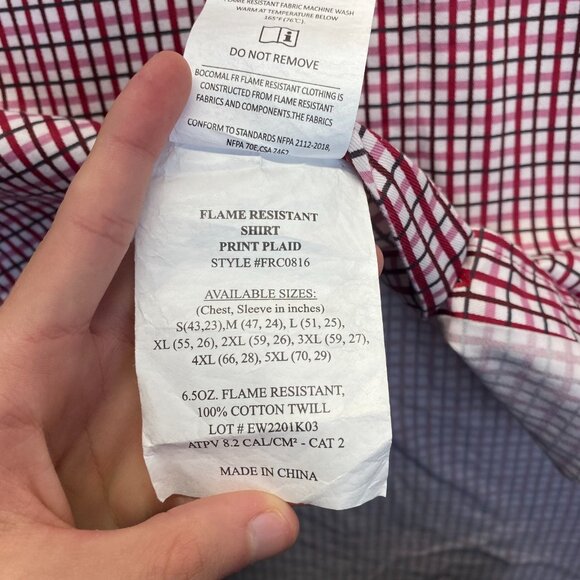 Bocomal FR Red Plaid NFPA 2112 CAT 2 Sz XL Flame Resistant Long Sleeve Button Up - Picture 10 of 16